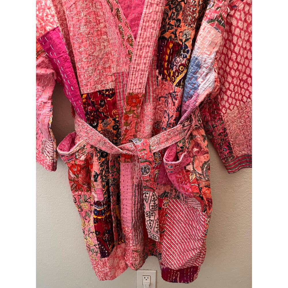 Pink 100% Cotton Kantha Quilted Robe Patchwork Kimono Boho Belted One Size - Picture 5 of 7